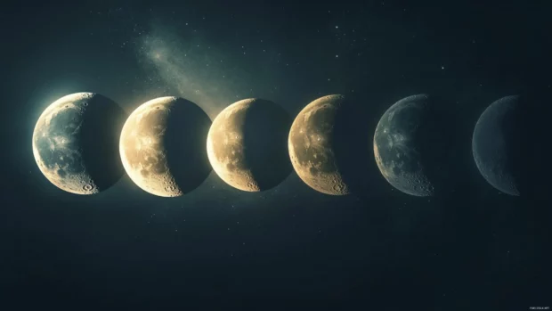 Soft tones and ambient light around Celestial moon phases, aesthetic style.