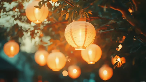 Soft tones and ambient light around Floating paper lanterns, aesthetic style.