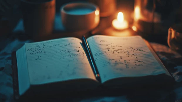 Soft tones and ambient light around Open diary with doodles, aesthetic style.