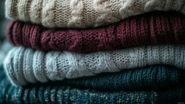 Soft tones and ambient light around Stack of knitted sweaters, aesthetic style.