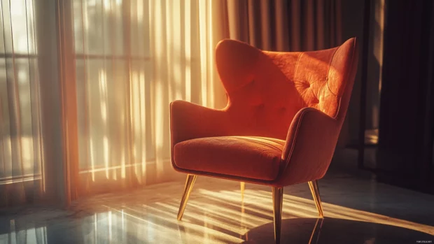 Soft tones and ambient light around Velvet chair in sunlight, aesthetic style.