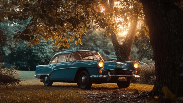 Soft tones and ambient light around Vintage car parked under tree, aesthetic style.