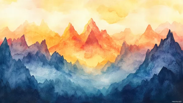 Soft watercolor sunrise behind jagged mountain peaks.