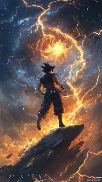 Son Goku balances on one foot as lightning swirls around him.