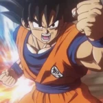 Son Goku blocks a powerful strike with one forearm and does not flinch.