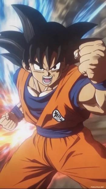 Son Goku blocks a powerful strike with one forearm and does not flinch.
