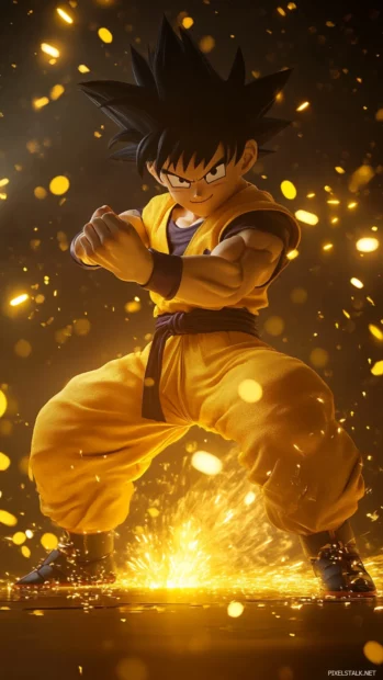 Son Goku clenches his fist as yellow sparks dance around his feet.