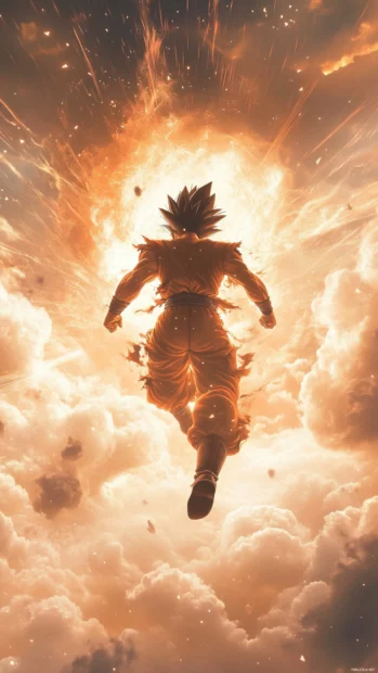 Son Goku crouches slightly before launching skyward in a burst of speed.