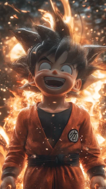 Son Goku grins with energy flaring behind him as he prepares for a challenge.
