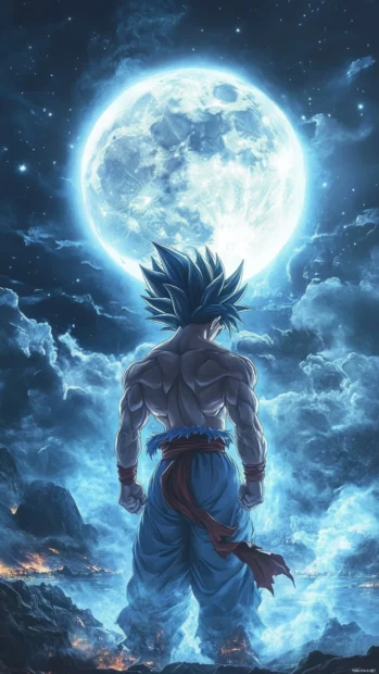 Son Goku lifts gently off the ground while his hair glows under moonlight.