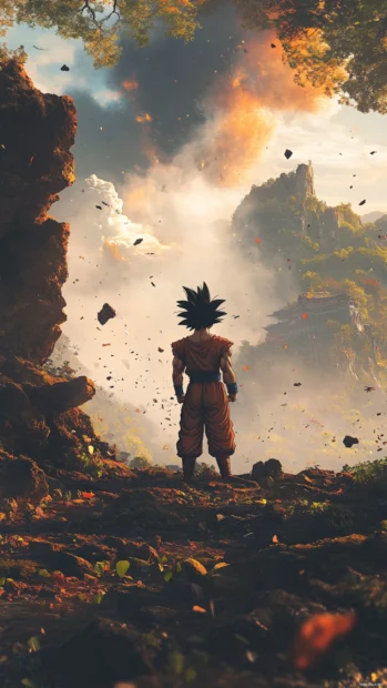 Son Goku mobile Wallpapers where he turns away slowly as debris falls in a quiet post battle moment.