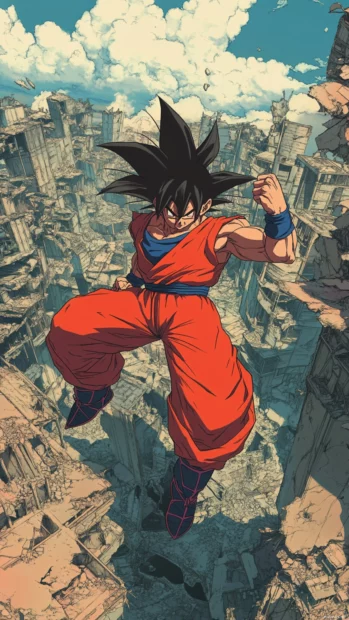 Son Goku strikes a defensive stance while floating above a ruined city.