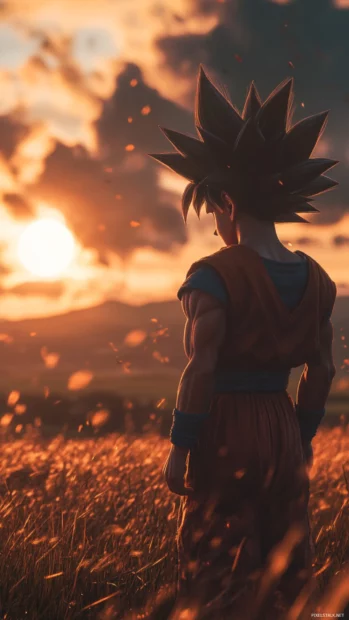 Son Goku turns slightly as wind lifts his hair and silence surrounds him.