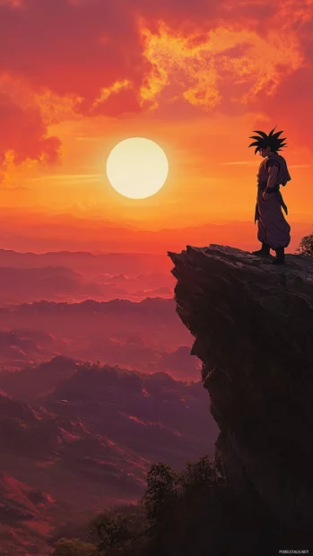 Son Goku watches the sunrise from a cliffside with a peaceful expression.