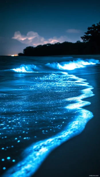 Soothing Moving iPhone Wallpapers showing bioluminescent waves washing onto a beach.