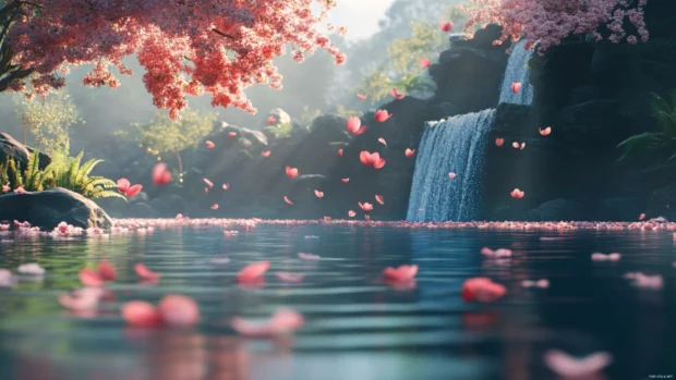 Soothing moving wallpaper featuring falling sakura petals over a serene pond.