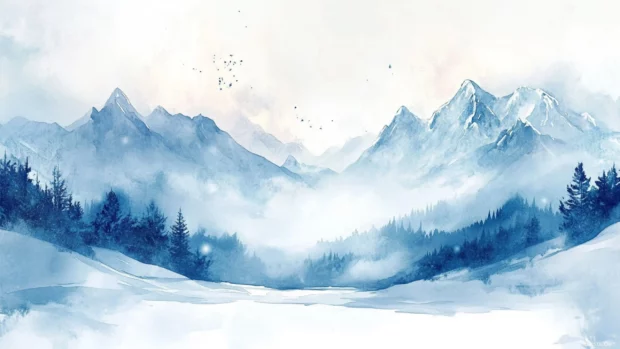 Soothing watercolor brush strokes painting serene snow covered mountains, perfect desktop wallpaper.
