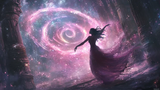 Sorceress dancing amidst a spiral of stardust in a forgotten temple.