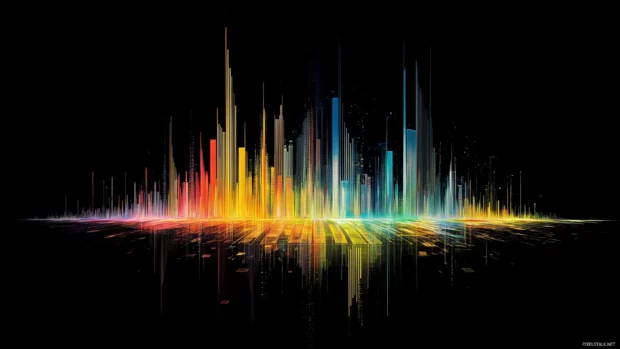 Sound equalizer, bright bars, dynamic heights, colors, rhythmic pulse, black background.