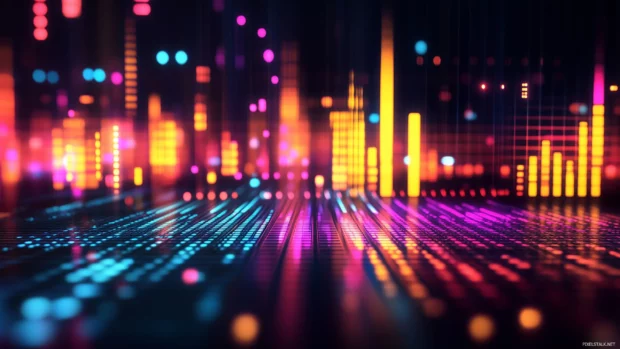 Sound waves, equalizer bars, whimsical colors, dynamic on dark background.