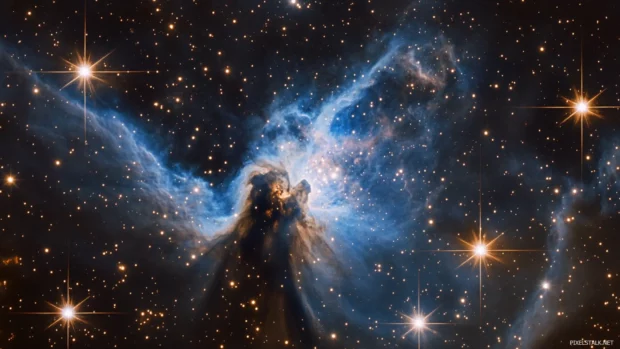 Space nebula with vivid purples and blues swirling around bright stars.