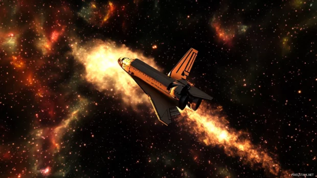 Space shuttle launching into the stars.