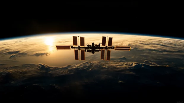 Space station orbiting a shadow covered planet.