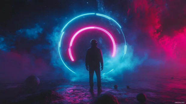 Space traveler standing beneath neon asteroid belt.