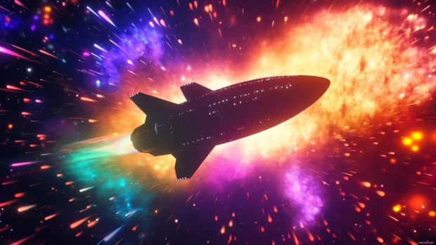 Spaceship silhouette in backdrop of neon explosion.