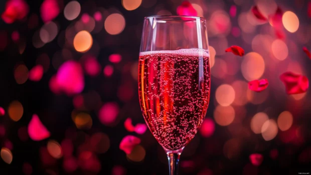 Sparkling champagne glass with pink liquid and floating rose petals.