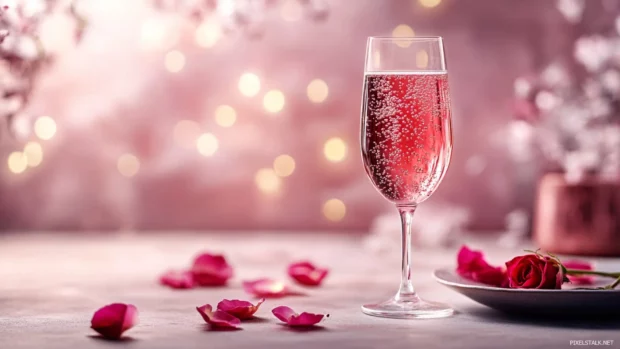 Sparkling champagne glass with pink liquid and floating rose petals.