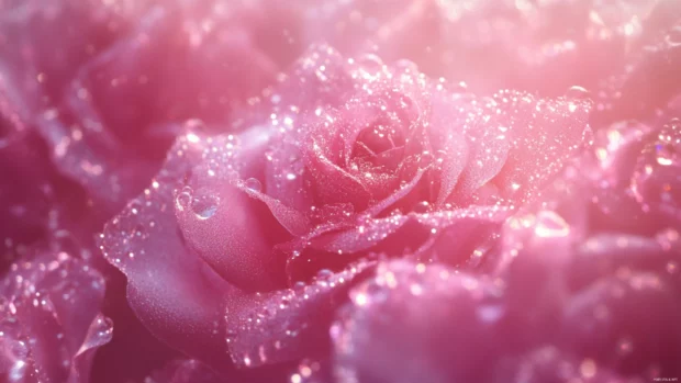 Sparkling dew drops on Pink Girly roses in early morning.