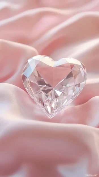 Sparkling diamond heart on a soft pink silk fabric background.