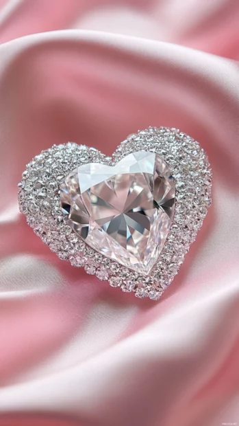 Sparkling diamond heart on a soft pink silk fabric background.