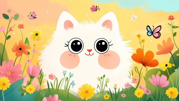 Sparkling eyed cat, surrounded by flowers, butterflies, soft pastel background.