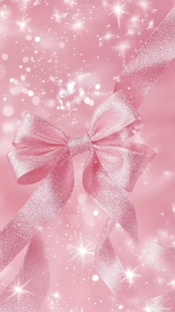 Sparkling glitter trails across light pink wallpapers with bows and stars.