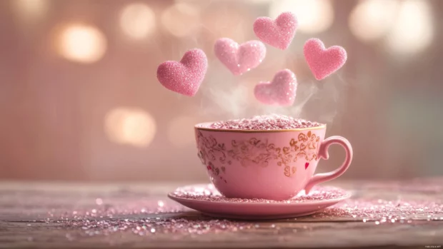 Sparkling hearts floating above a cup of pink cocoa on a desk.
