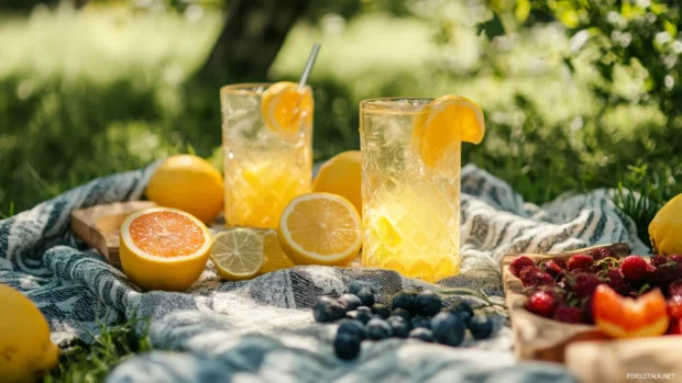 Sparkling lemonades and fresh cut fruits on a picnic blanket capture the essence of outdoor summer joy.