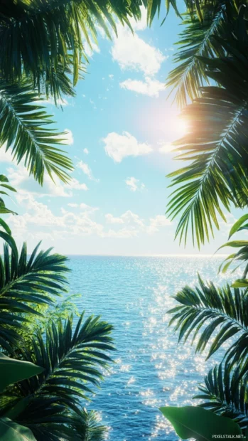 Sparkling ocean horizon framed by lush tropical leaves showing vibrant summer vibes wallpapers design.