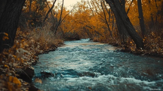 Sparkling river flowing through pretty autumn woods.