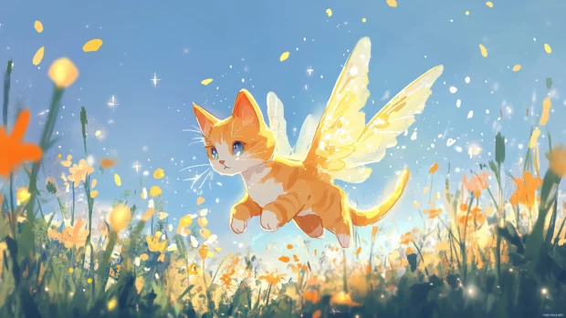 Sparkly winged cat flying over flower filled meadow, stars twinkling in blue sky.