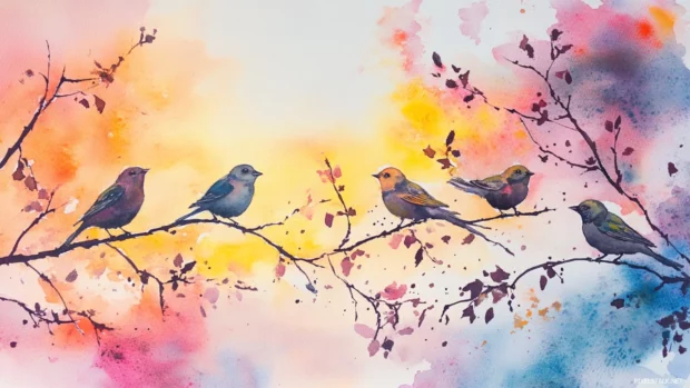 Sparrows chattering among branches under a bright watercolor sky.