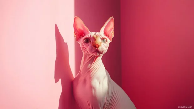 Sphynx cat posing confidently in modern studio light, trendy Cat PC Wallpapers.