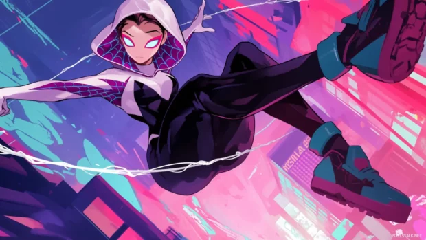Spider Gwen flipping through cyber towers covered in graffiti lights.