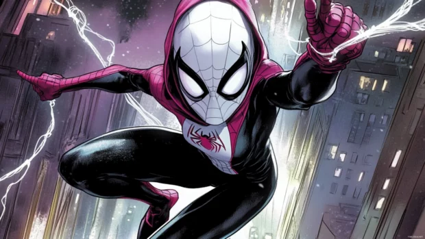 Spider Gwen jumping backward while launching webbing.
