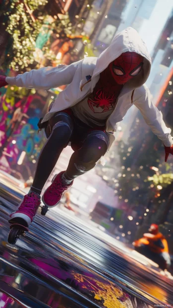 Spider Gwen skating along rails in an urban jungle.
