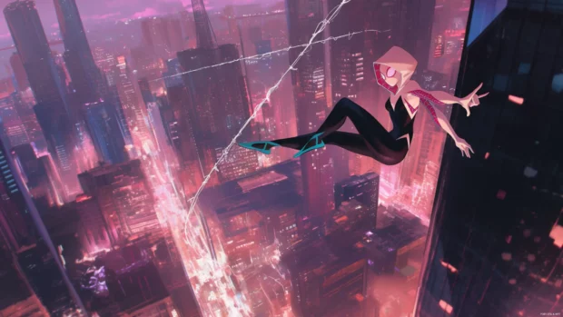Spider Gwen spinning webs across skyscrapers lit by pink lightning.