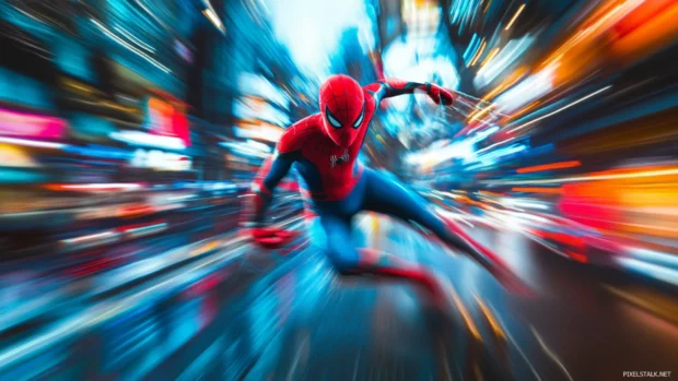 Spider Man action shot with blur and motion effects, great for dynamic 4K Spider Man Desktop wallpapers.