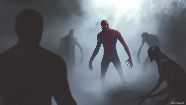 Spider Man facing off with shadowy figures in fog.