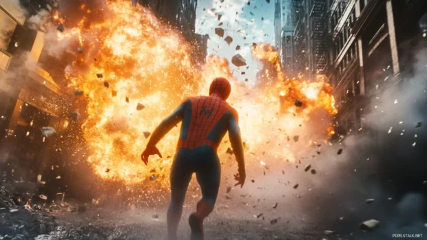 Spider Man in a frozen moment dodging an explosion downtown.